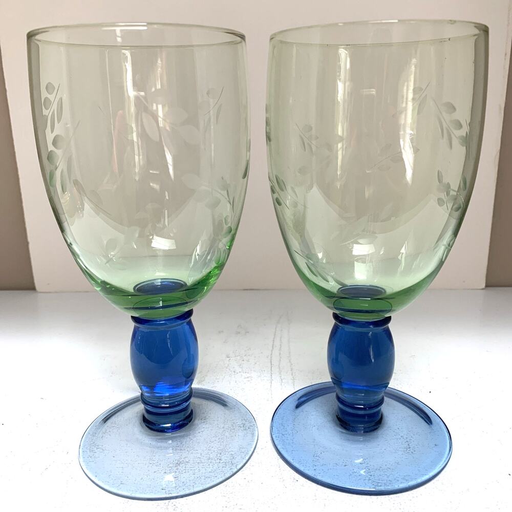8 VTG Pfaltzgraff Blue Green Summer Breeze Etched Footed Glass Water Goblets